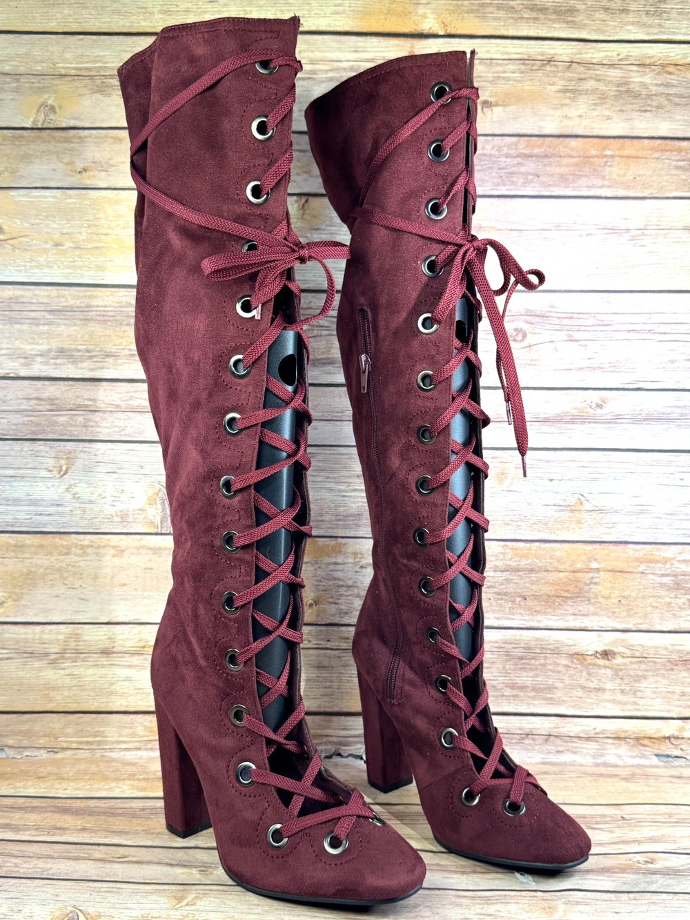 Yoki Womens Maroon Lace Up Chunky Heel OTK Victorian Style Statement Boots 9